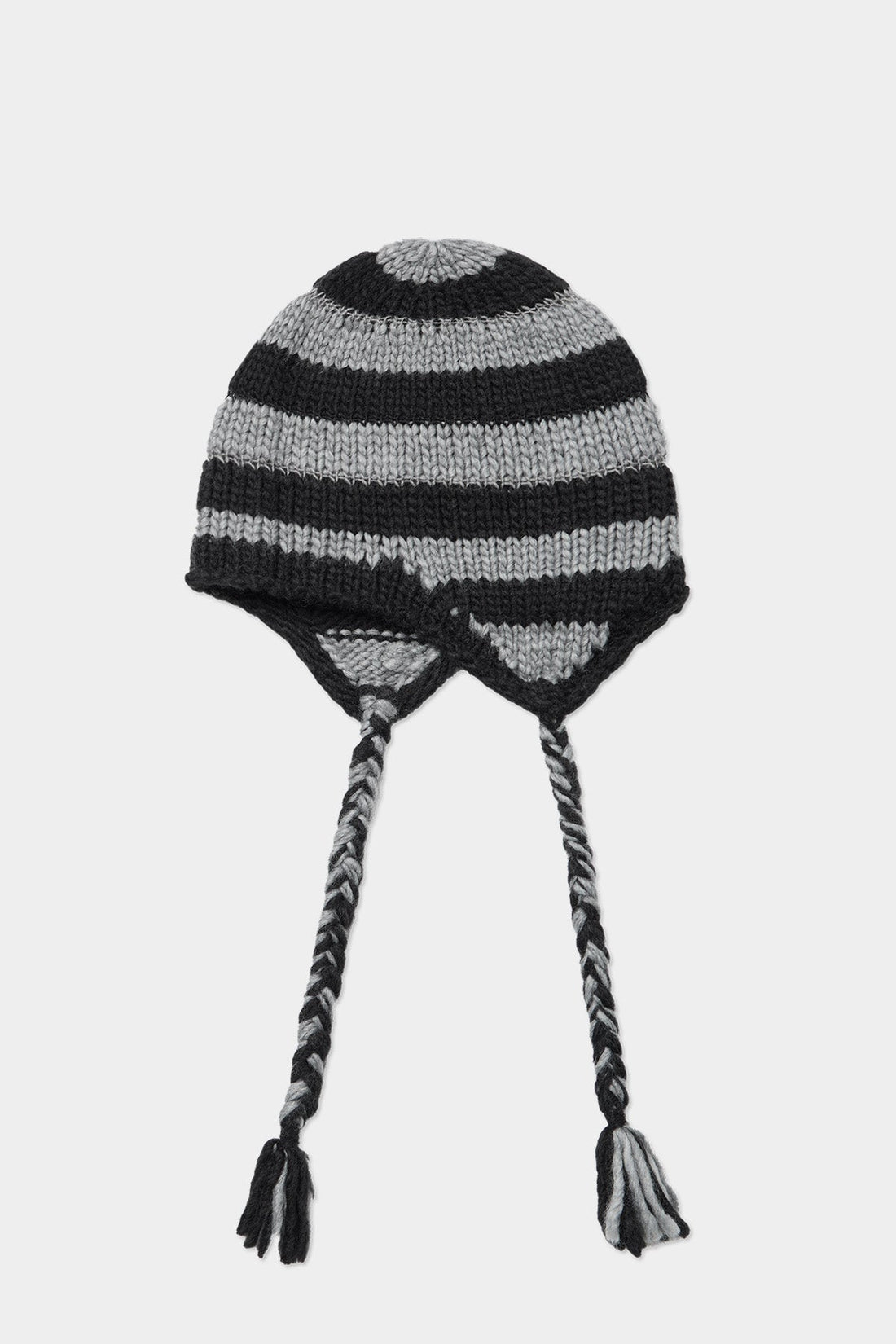 CROCHET STRIPE EAR FLAP BEANIE BLACK