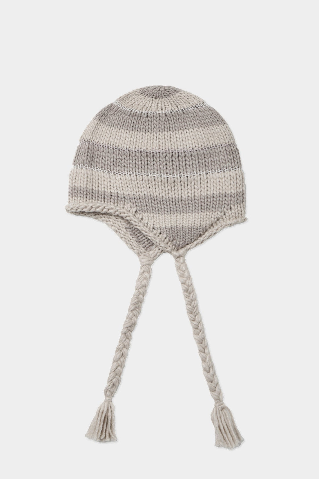 CROCHET STRIPE EAR FLAP BEANIE GREY